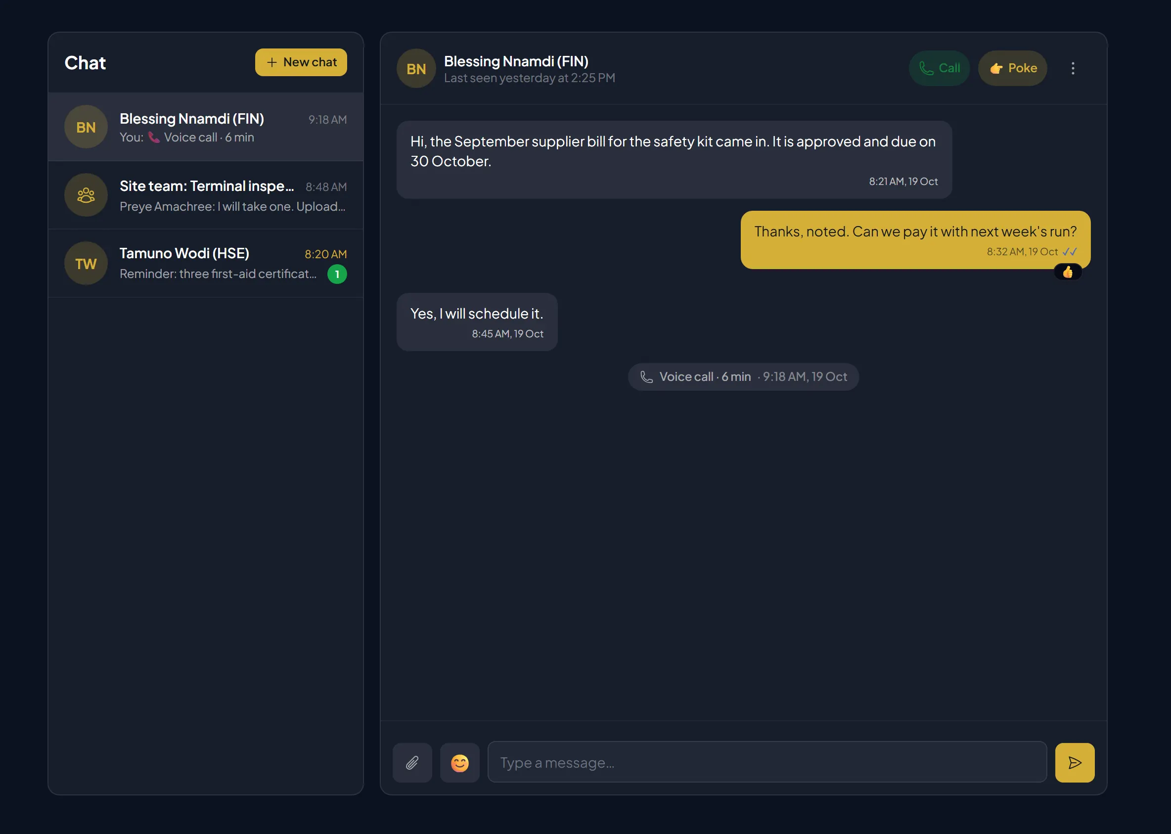 A conversation in the staff portal with the call button