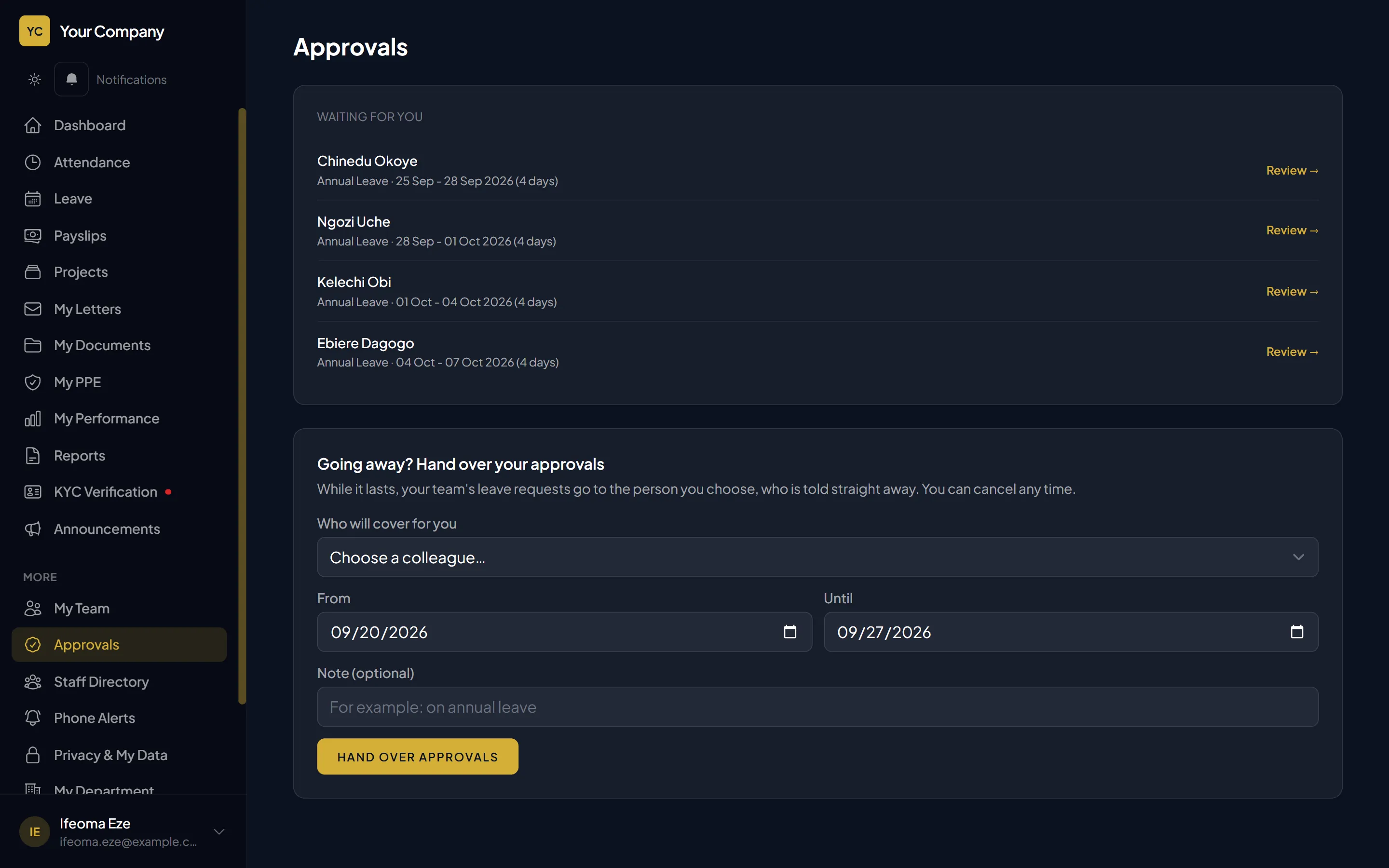 A manager's approvals inbox listing leave requests waiting for a decision, with a hand-over option