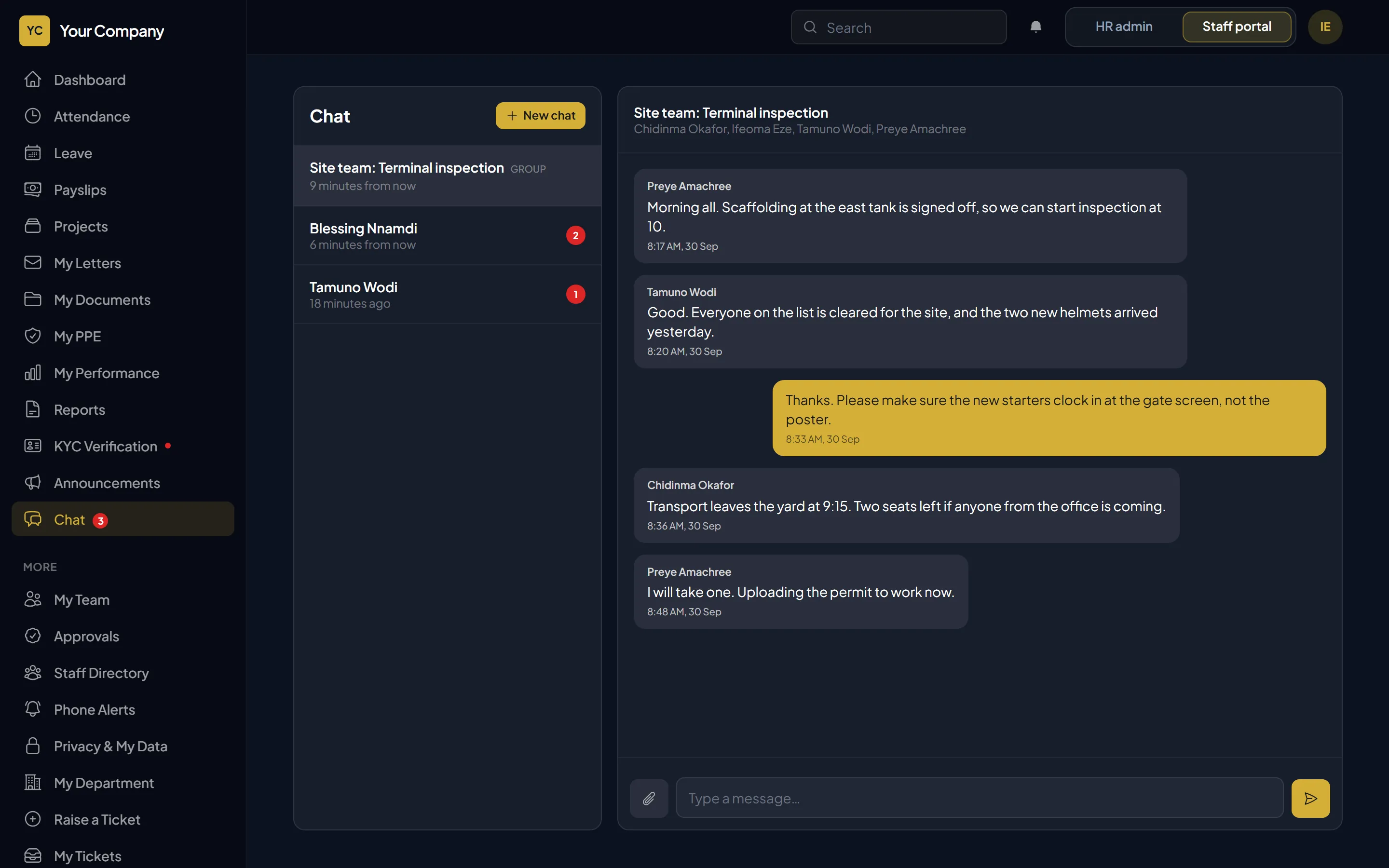 The staff chat with a list of conversations and an open group conversation