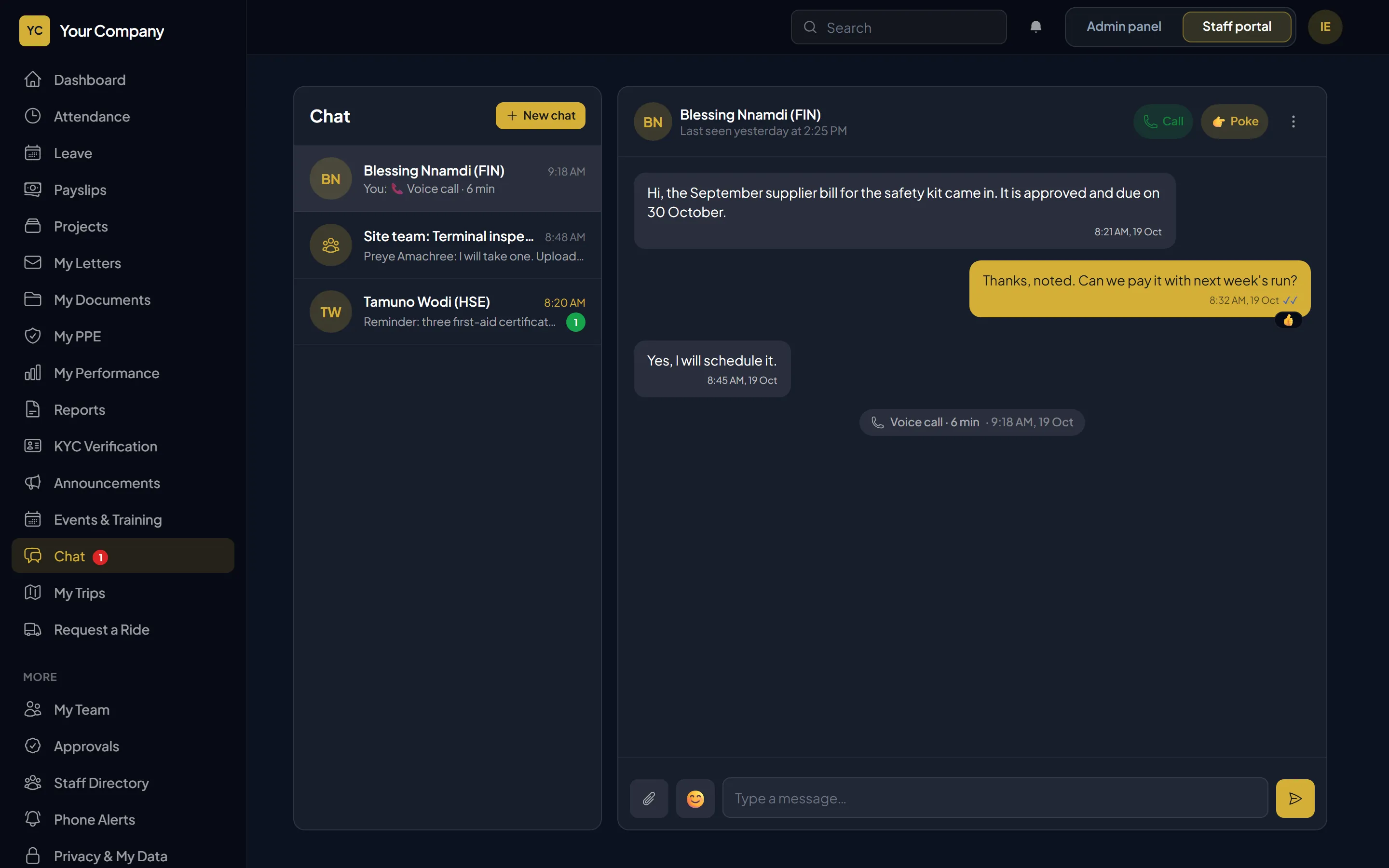 A team chat with replies, reactions and read ticks