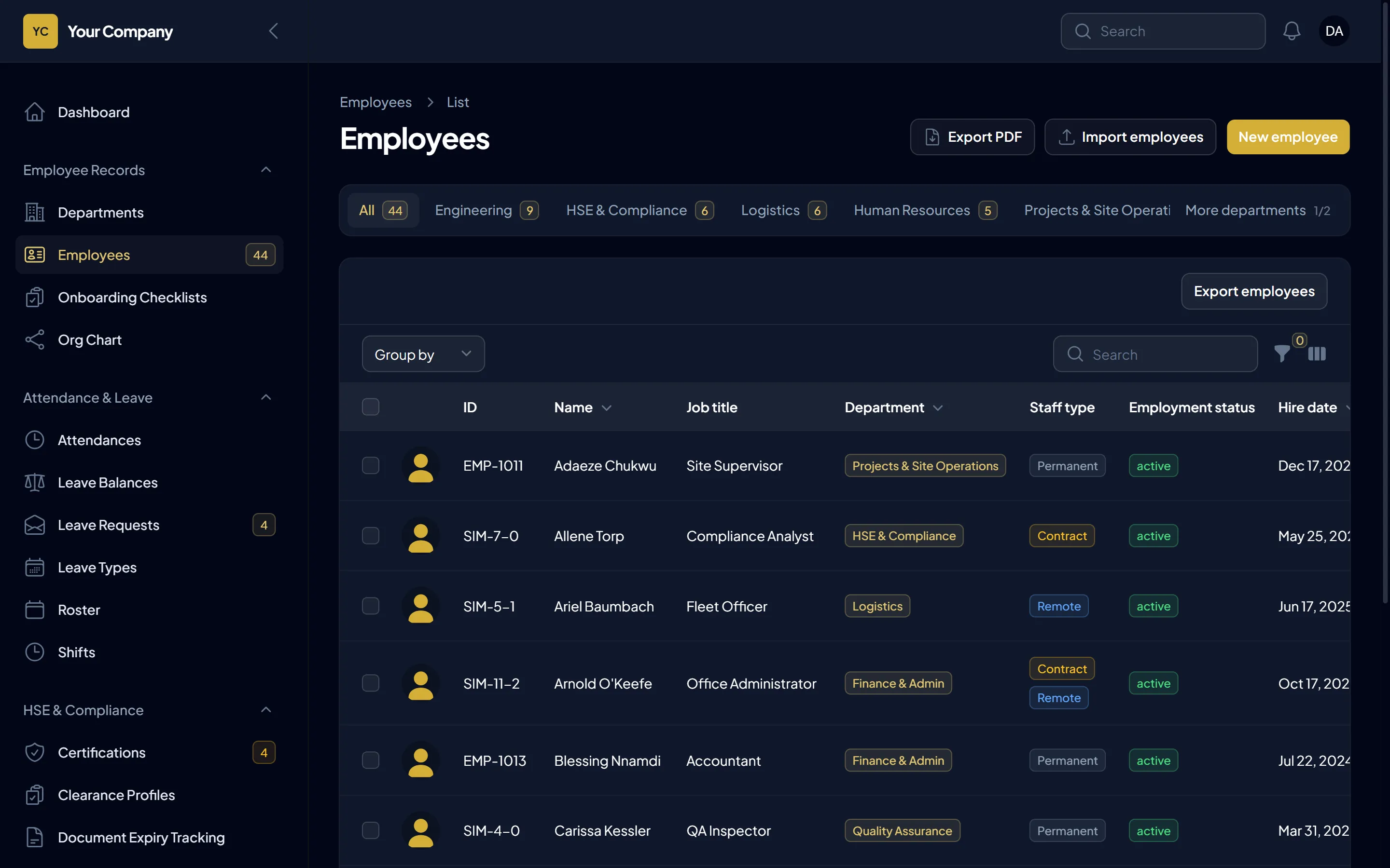 The employee list with department tabs, staff type tags and import and export buttons