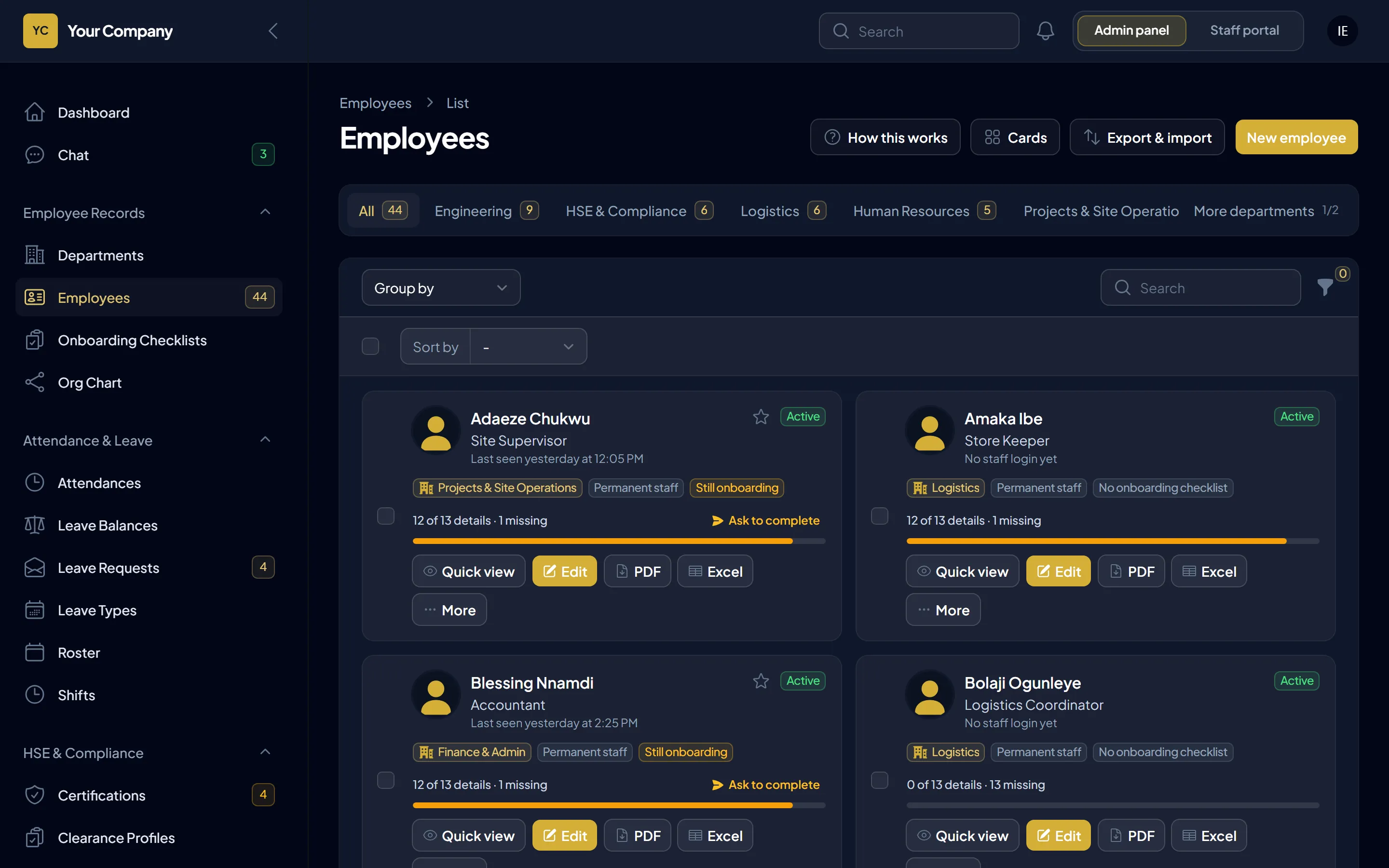 The employee list with department tabs, staff type tags and import and export buttons