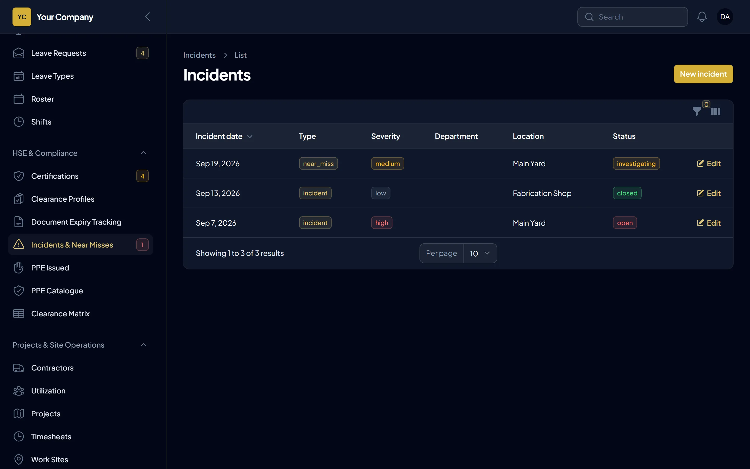 The incident and near-miss log with severity and status