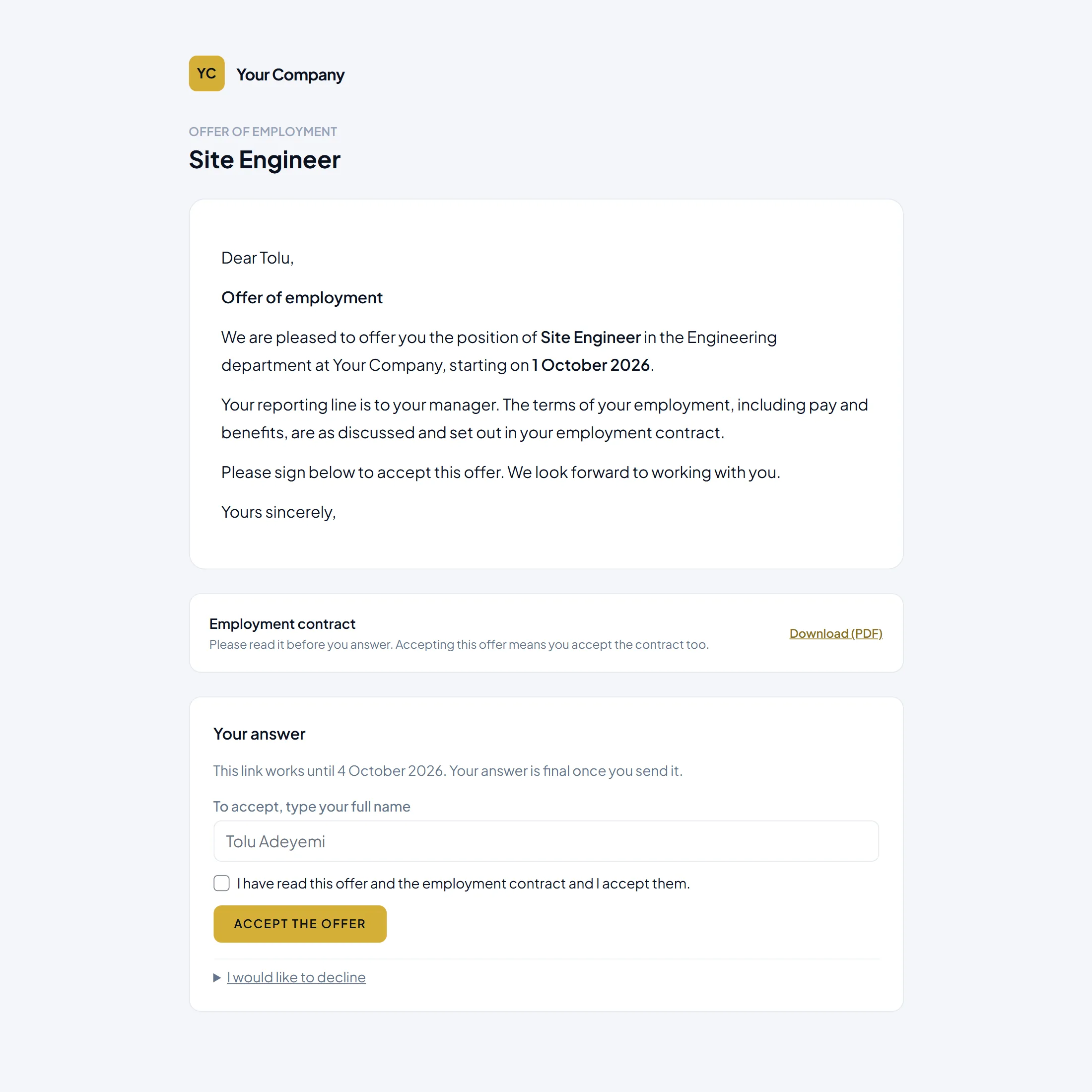 The private page a candidate opens to read their offer and the attached contract, then accept or decline