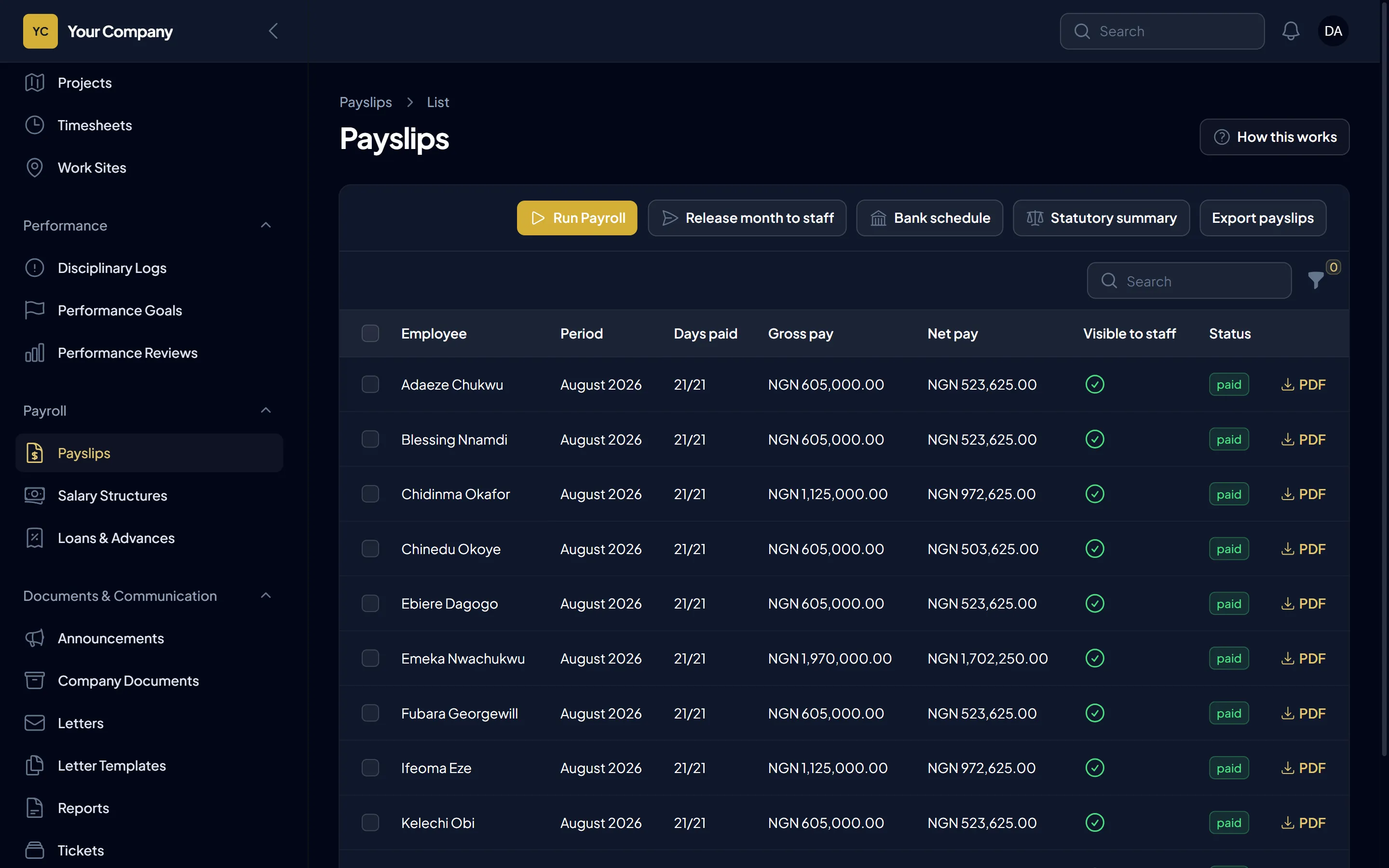 The payslips list with run payroll, release to staff, bank schedule and statutory summary buttons