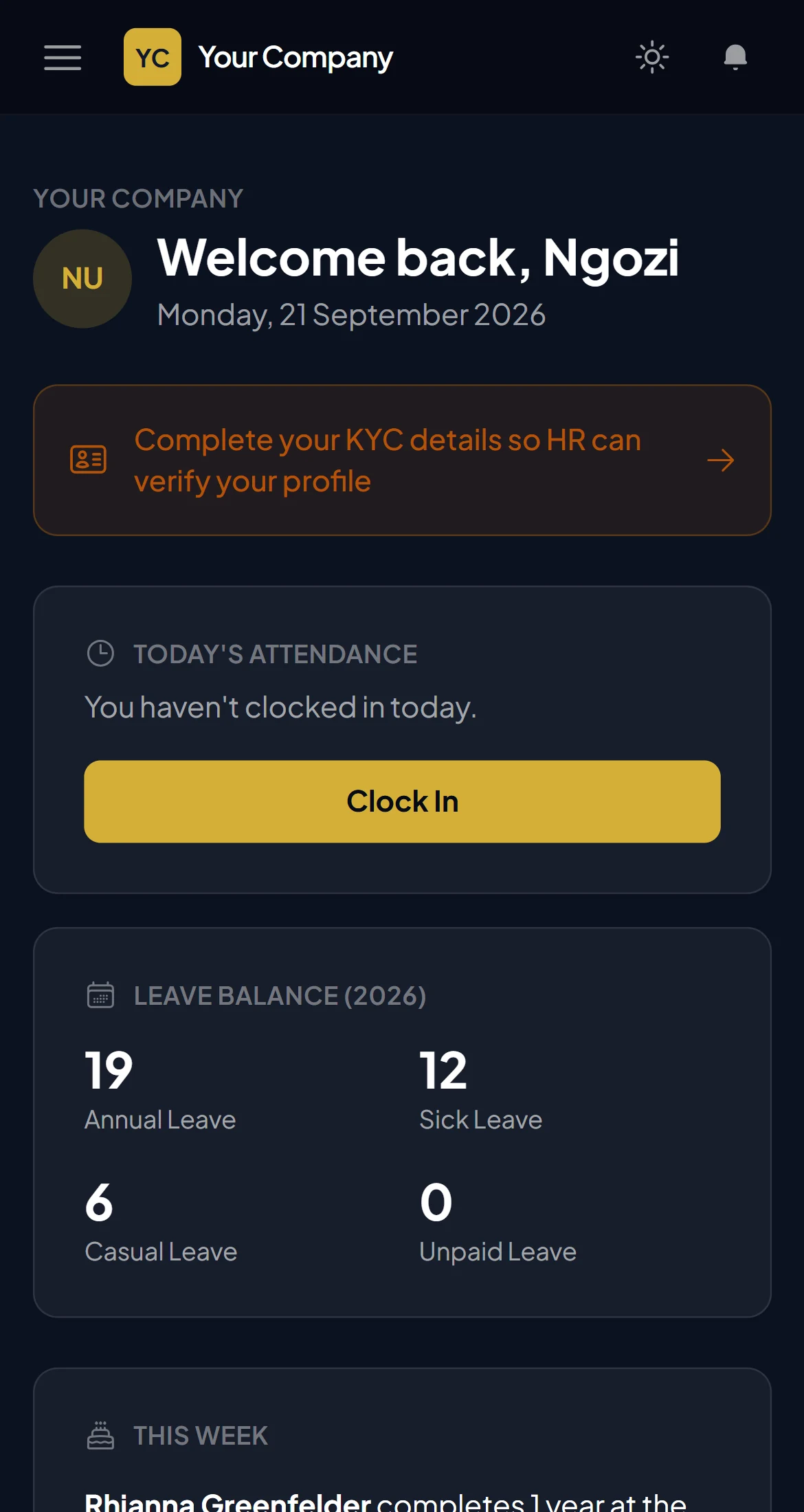 The staff portal home page on a phone, with the Today's Attendance card and its Clock In button