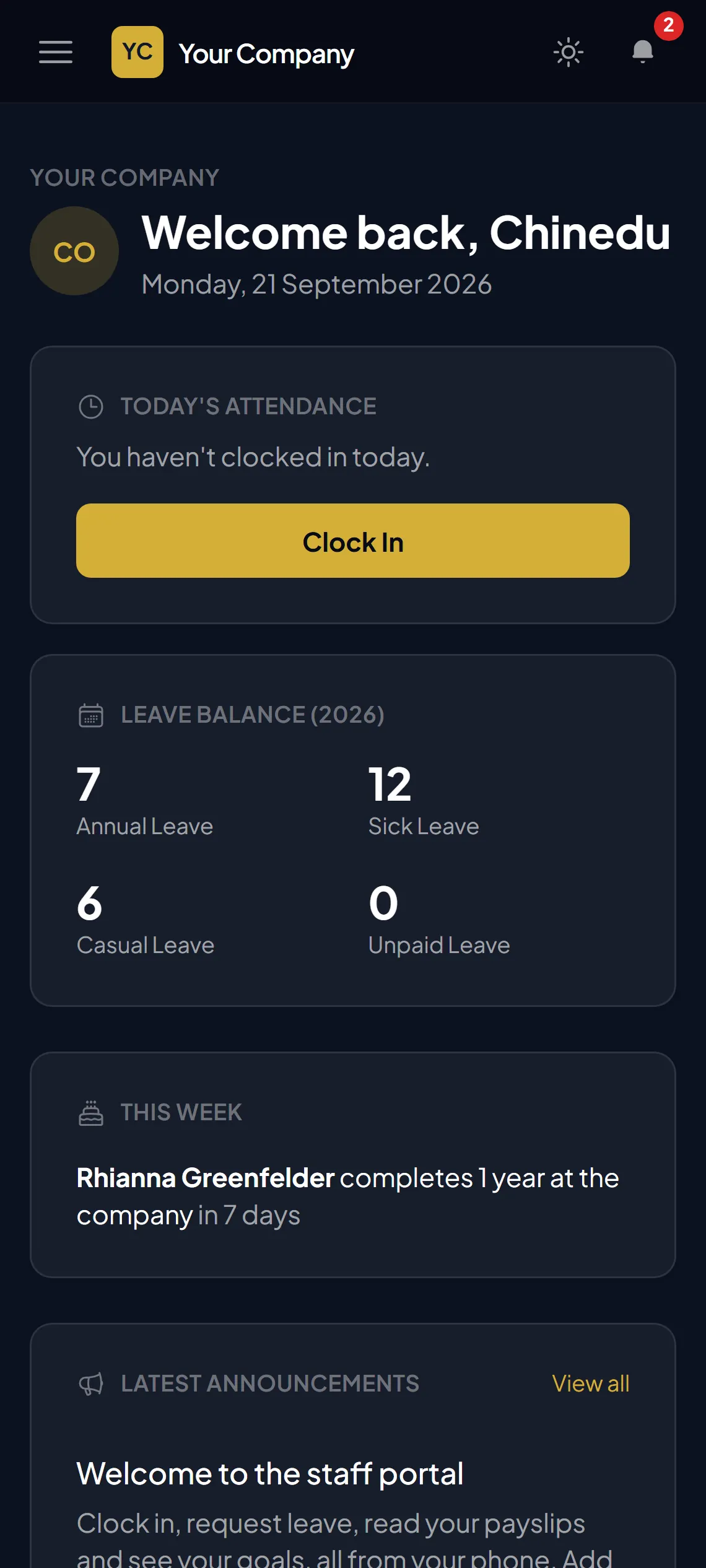 The staff portal on a phone, with a Clock In button and leave balances