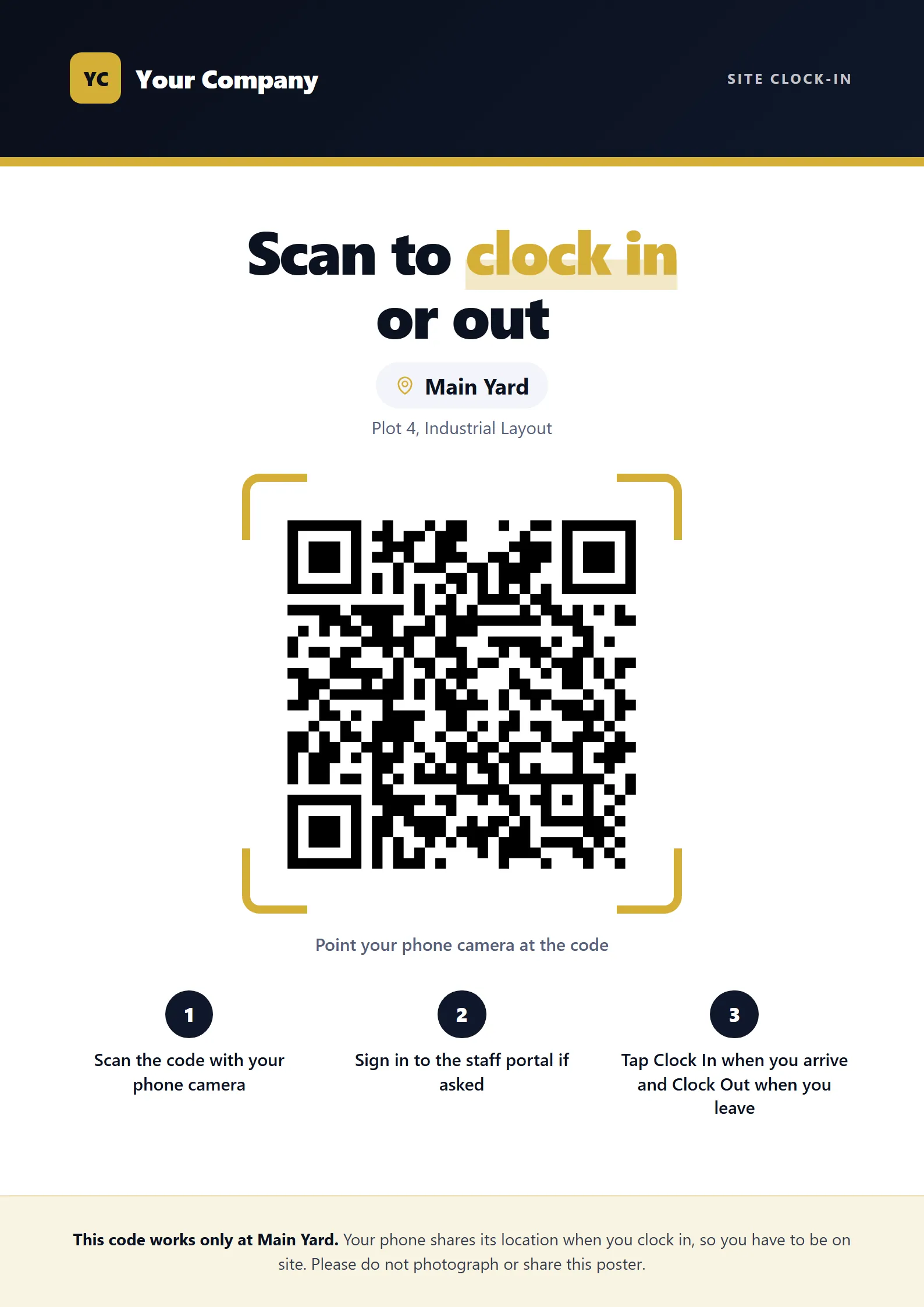 The QR poster for a site gate, with the site name