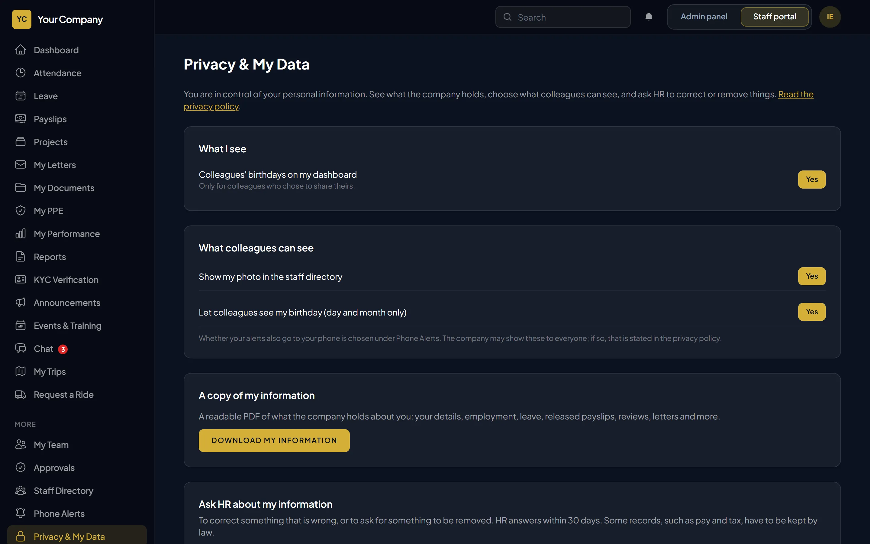 A staff member’s privacy page: what the company holds, consent choices and download